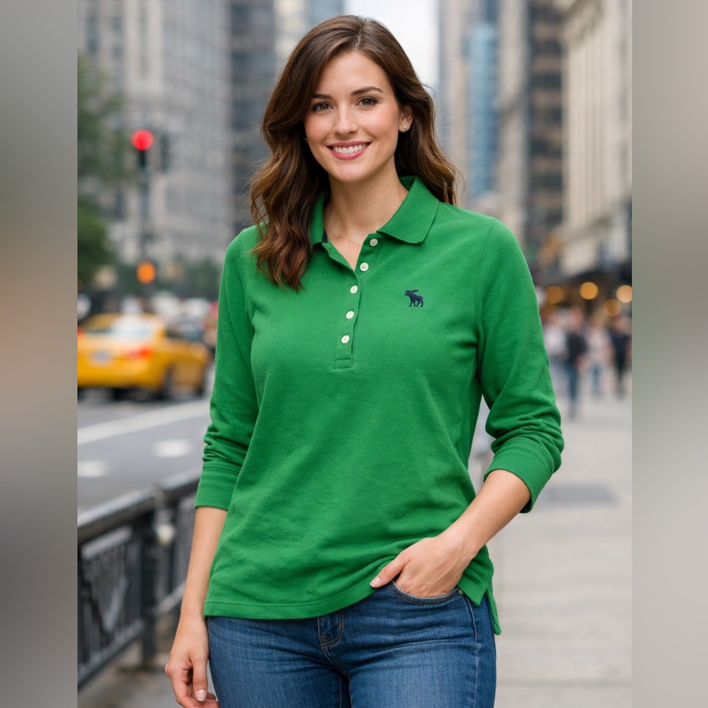 Abercrombie & Fitch Green Long Sleeve Polo Shirt - Large NWT Classic Cotton